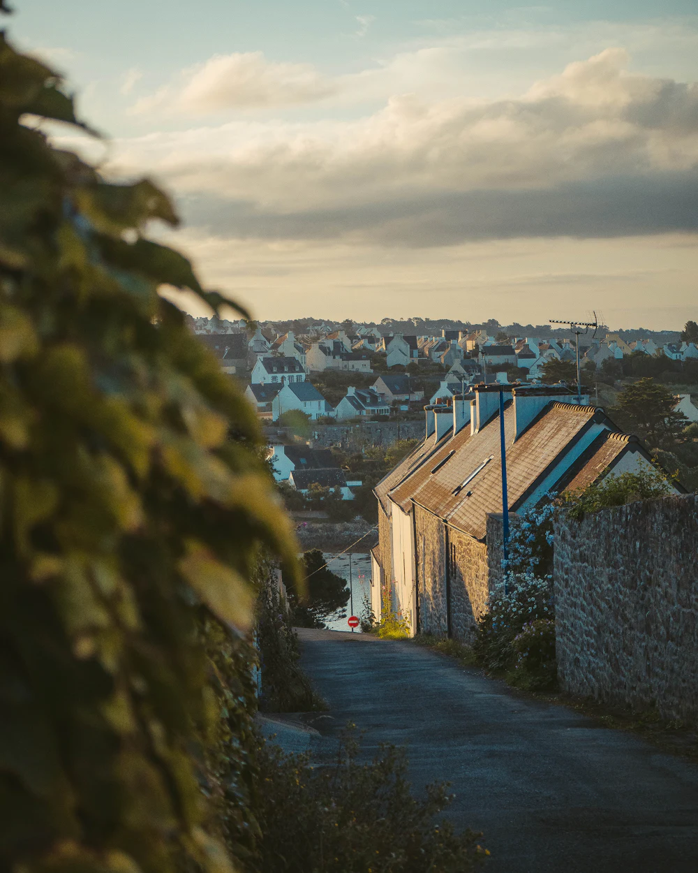 Une ruelle bordée de maisons en pierre et d'un muret de granit, qui descend vers un port breton